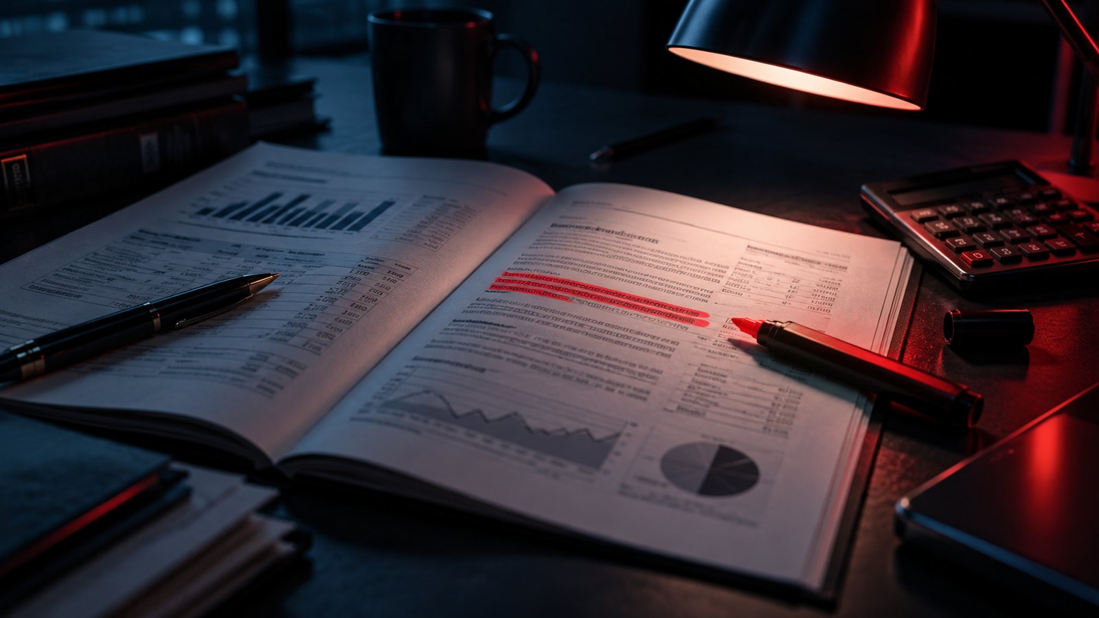 An annual report with a red-highlighted paragraph under a desk lamp