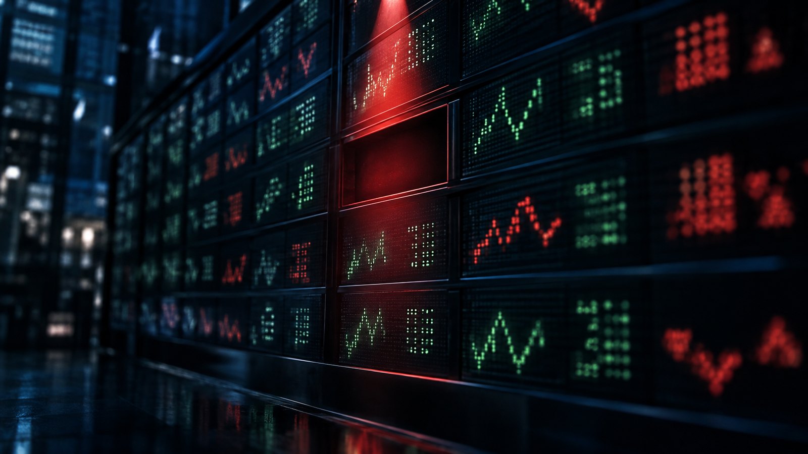 A stock ticker board with an empty, unlit slot under a red spotlight