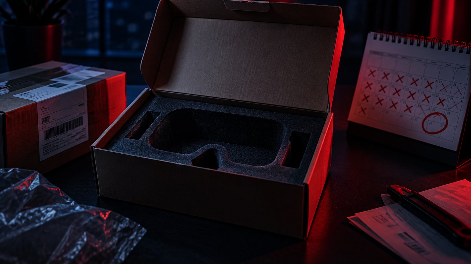 An empty product box with a shipping label marked delayed, red light